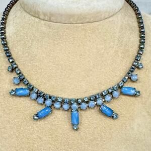 Vintage Blue Milk Glass & Rhinestone Fringe Necklace Mid Century Jewelry